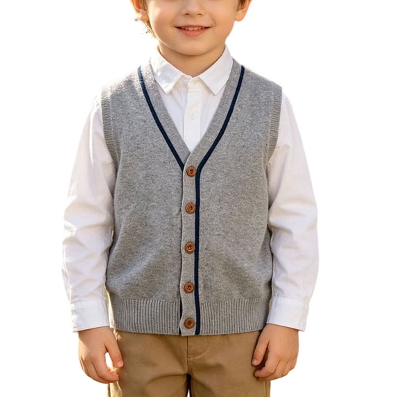 Edvintorg Boys School Uniform V Neck Sleeveless Casual Button Down Sweater Vest Boy Clothes Size 18M-13Y