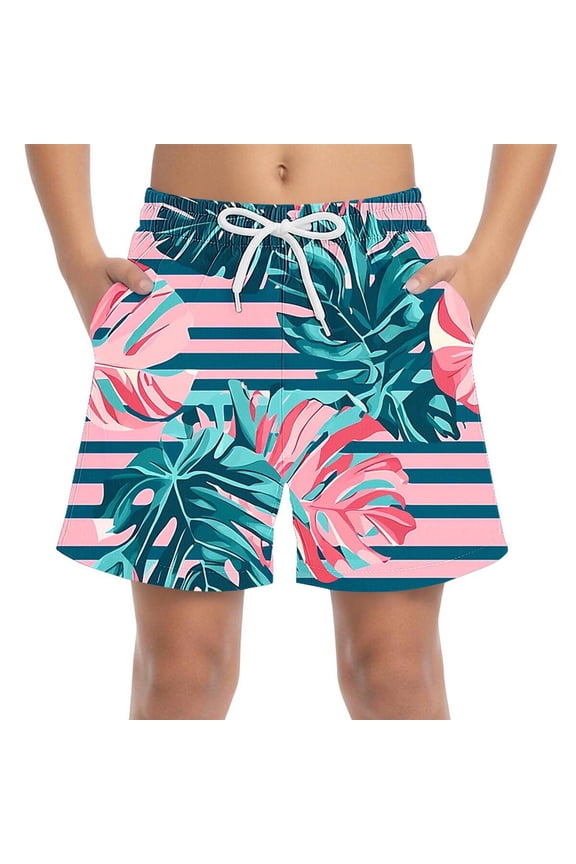 Boys Short Summer Vacation Swim Trunks Tropical Printed Elastic Waisted Beach Shorts with Drawstring Size 4-15