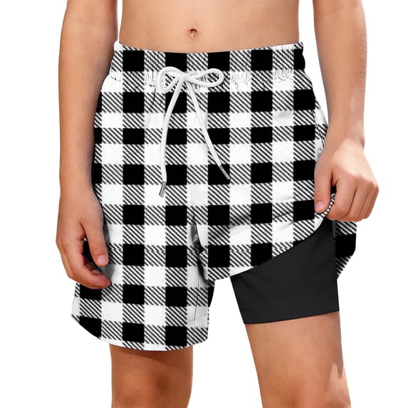 Edvintorg Boys Shorts Summer Swim Trunks Plaid Printed Compression Liner Loose Fit Elastic Waisted Casual Beach Short Size 5-14
