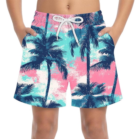 Edvintorg Boys Shorts Tropical Printed Elastic Waisted Casual Beach Short with Drawstring Size 4-15