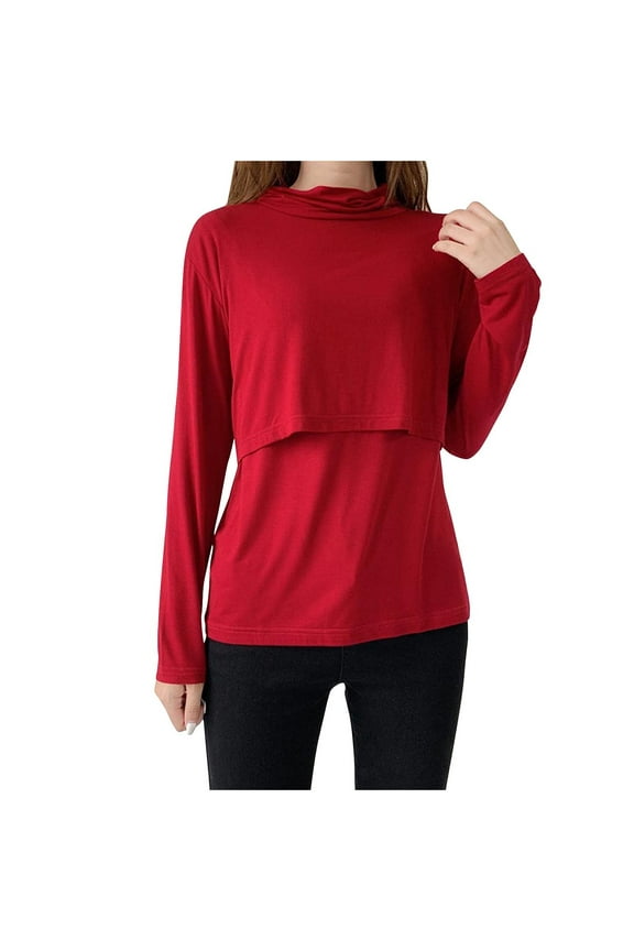 Breastfeeding Shirts for Women Fall Winter Maternity Clothes Solid Color Long Sleeve High Neck Casual Nursing Tops Pregnancy Clothes for Women