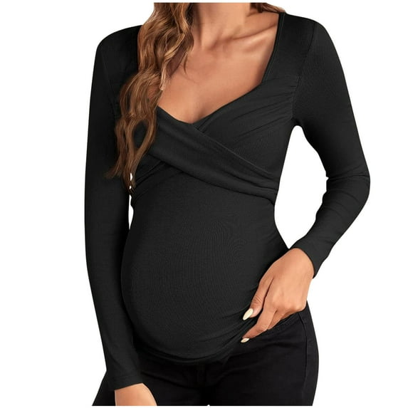 Edvintorg Breastfeeding Shirts For Women Long Sleeve Maternity Clothes Spring Fall Solid Color V Neck Casual Pregnancy Shirts Tops With Wrinkles Pregnant Women Clothes