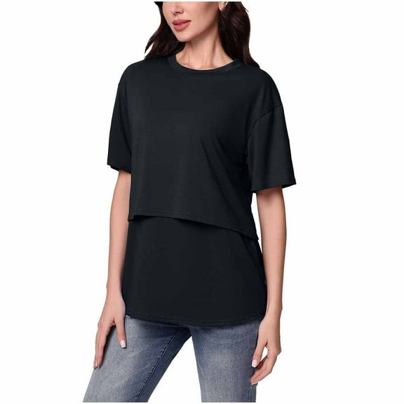 Edvintorg Breastfeeding Shirts Women Maternity Summer Clothes Solid Color Short Sleeve Double-Layer Nursing Tops Pregnancy Shirts for Women