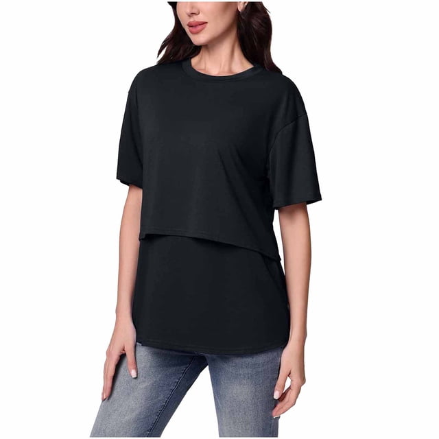 Edvintorg Breastfeeding Shirts Women Maternity Summer Clothes Solid Color Short Sleeve Double-Layer Nursing Tops Pregnancy Shirts for Women