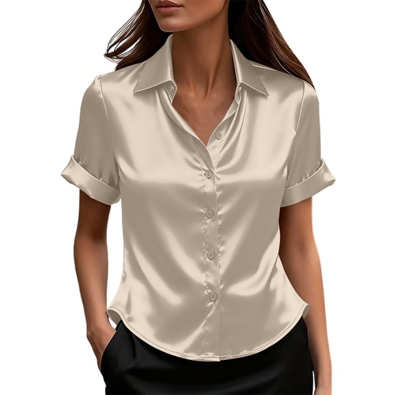Edvintorg Button Down Shirts for Women Silk Satin Classic Short Sleeve Collared Office Work Blouses Tops Summer Fashion Clothing