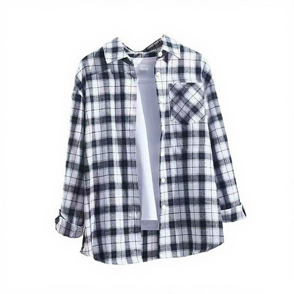 Edvintorg Button Down Shirts for Women Trendy Long Sleeve Lapel Plaid Shirt Jacket Casual Outwear Fall Winter Clothes Black M