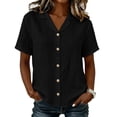 thumbnail image 1 of Edvintorg Button Down Shirts for Women Cotton Linen Turndown Collar Loose Tops Summer Short Sleeve Lightweight Casual Blouse Trendy Womens Clothes Black S, 1 of 9