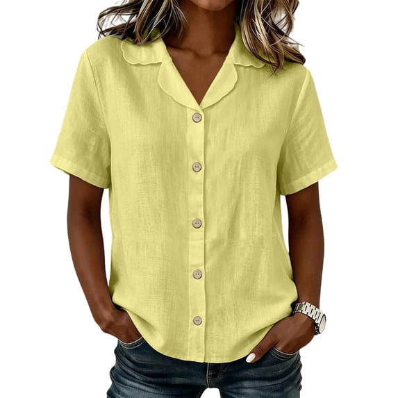 Edvintorg Button Down Shirts for Women Cotton Linen Turndown Collar Loose Tops Summer Short Sleeve Lightweight Casual Blouse Trendy Womens Clothes Yellow S