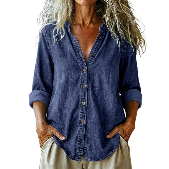 Edvintorg Button Up Shirt Women Loose Long Sleeve Casual Lightweight Denim Top Fall Clothes Women Navy XXL