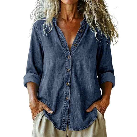 Edvintorg Button Up Shirt Women Loose Long Sleeve Casual Lightweight Denim Top Fall Clothes Women Sky Blue XXL