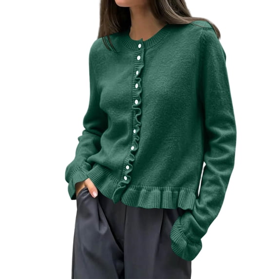 Edvintorg Cardigan Sweaters for Women Ruffle Crewneck Long Sleeve Casual Button Down Knit Cardigans Fall Lightweight Outerwear Fashion Clothing Women Free Size Green