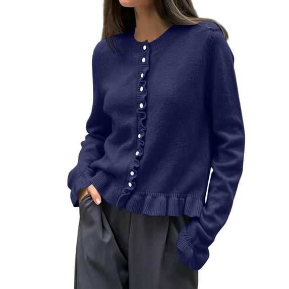 Edvintorg Cardigan Sweaters for Women Ruffle Crewneck Long Sleeve Casual Button Down Knit Cardigans Fall Lightweight Outerwear Fashion Clothing Women Free Size Blue