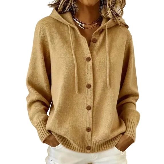 Edvintorg Cardigan Sweaters for Women Plus Size Long Sleeve Button Down Drawstring Hooded Knit Cardigans Womens Trendy Clothes S-3XL Khaki