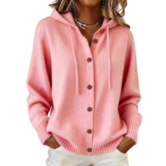 Edvintorg Cardigan Sweaters for Women Plus Size Long Sleeve Button Down Drawstring Hooded Knit Cardigans Womens Trendy Clothes S-3XL Pink