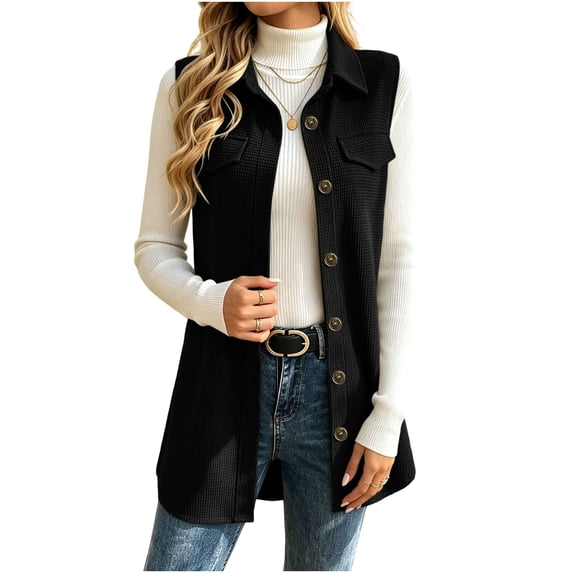 Edvintorg Cardigan Sweaters for Women Sleeveless Knit Long Cardigans Turndown Collar Casual Sweater with Button Fashion Clothing Black S-2XL