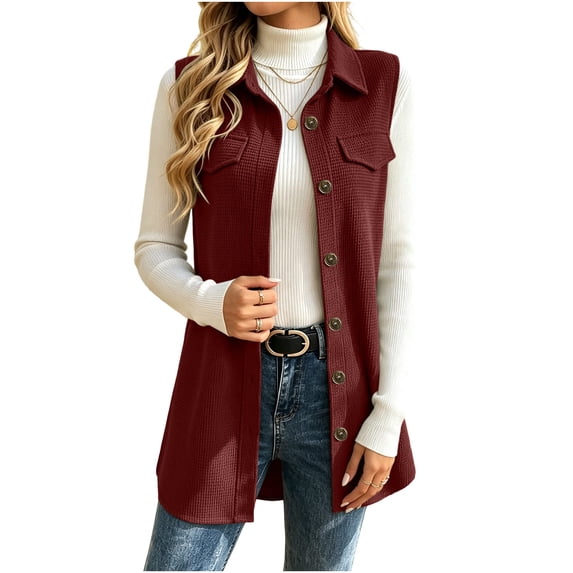 Edvintorg Cardigan Sweaters for Women Sleeveless Knit Long Cardigans Turndown Collar Casual Sweater with Button Fashion Clothing Wine S-2XL
