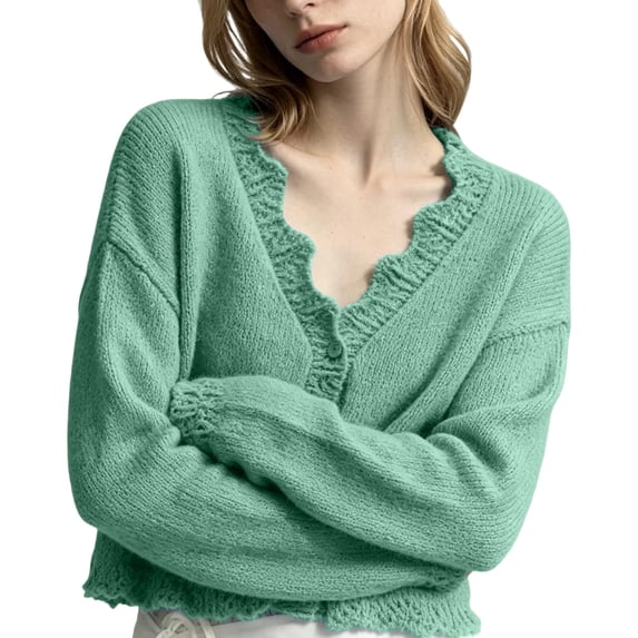 Edvintorg Cardigan for Women Long Sleeve Casual Knit Sweater V Neck Button Down Cropped Sweaters Cardigans Woman Clothes Green Free Size