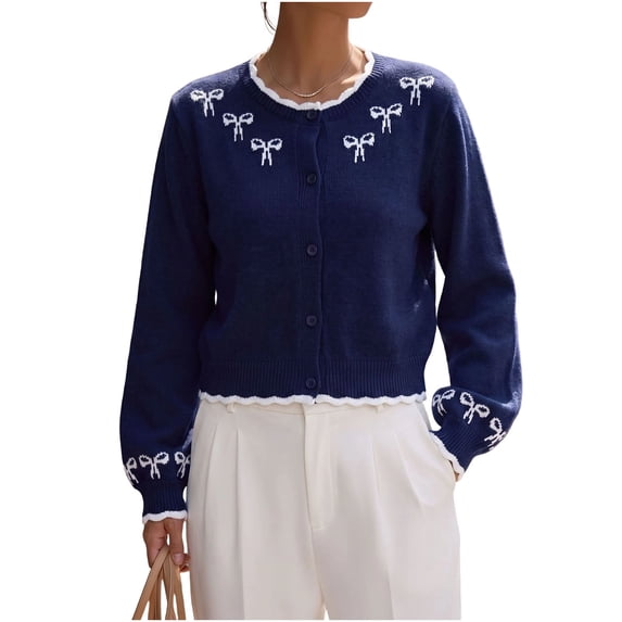 Edvintorg Cardigan for Women Long Sleeve Crew Neck Cropped Sweater Bowknot Button Down Knit Cardigans Women Clothing Dark Blue S-XL