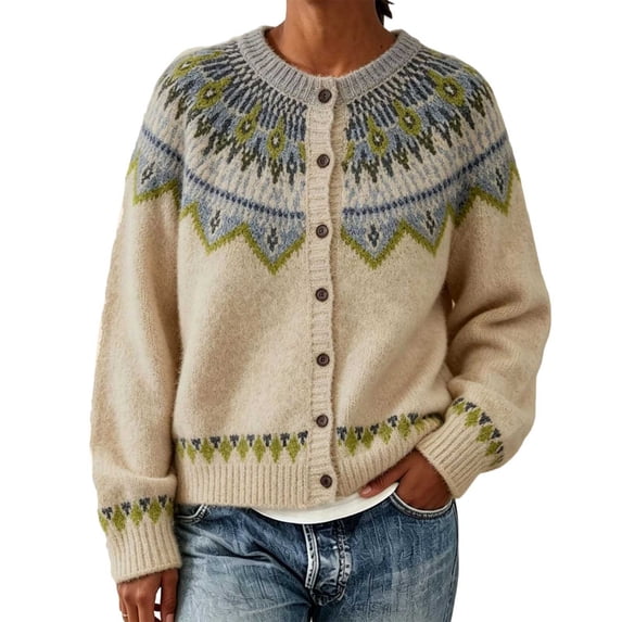Edvintorg Cardigan for Women Plus Size Fashion Long Sleeve Casual Knit Top Fair Isle Crew Neck Loose Open Front Blouse Woman Clothes Green S-3XL