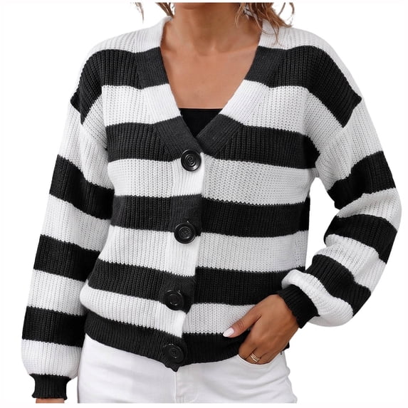 Edvintorg Cardigans for Women Fashion Striped Long Sleeve V Neck Button Down Knit Cardigan Sweater Women’S Clothing S-XL Black