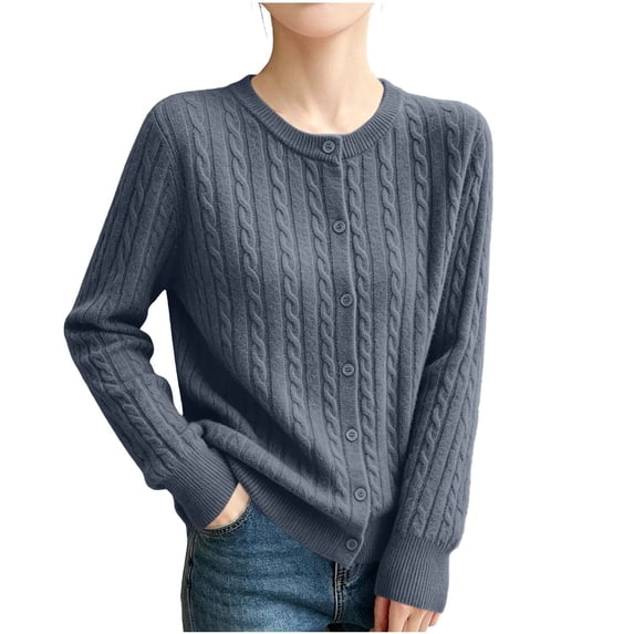 Edvintorg Cardigans for Women Knitting Cotton Long Sleeve Crew Neck Casual Button Down Sweater Women Clothes S-2XL Dark Gray
