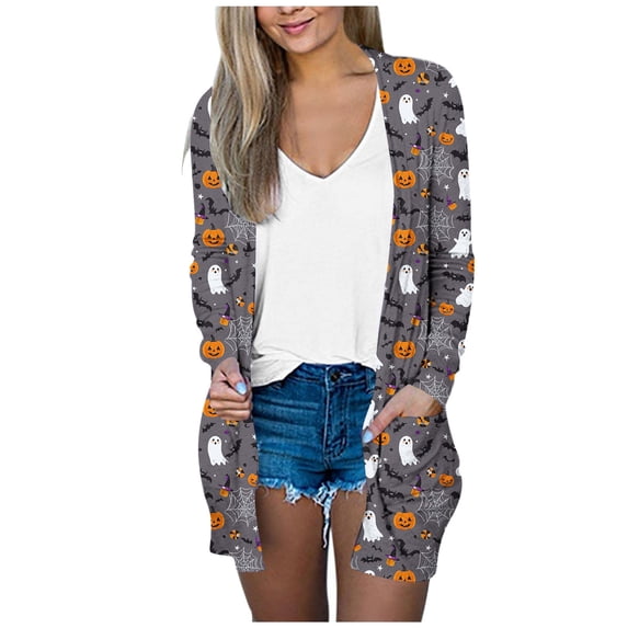 Edvintorg Cardigans for Women Trendy Halloween Printed Lightweight Open Front Casual Long Sleeve Cardigan Fall Cardigans Women Clothing S-2XL Gray
