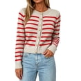 thumbnail image 1 of Edvintorg Cardigans for Women Trendy Striped Crewneck Knit Cardigan Long Sleeve Casual Cropped Sweater Women Clothes Red S-2XL, 1 of 5