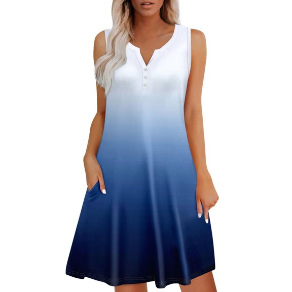 Edvintorg Casual Dresses for Women Fashion Gradient Printing V-Neck Sleeveless Button Summer Dress with Pocket Sundresses for Women
