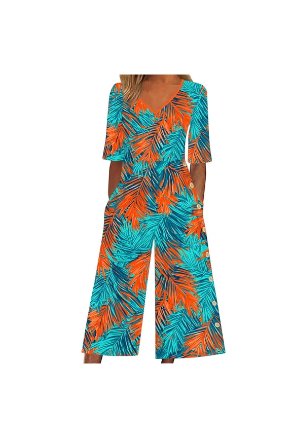 Casual Jumpsuits for Women Summer Hawaiian Print Short Sleeve V-Neck Wide Leg Jumpsuit Beach Vacation Clothes for Women