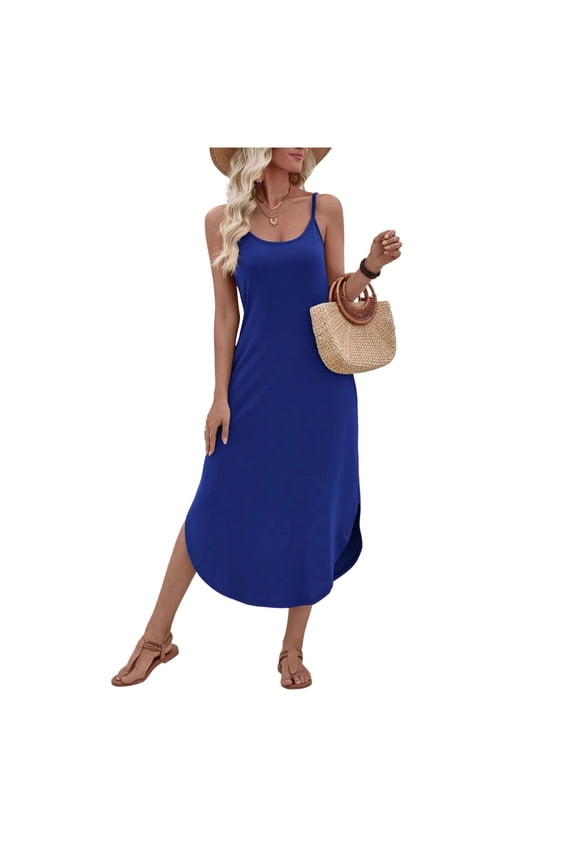 Casual Midi Dresses for Women Summer Crew Neck Adjustable Spaghetti Straps Split Dress Womens Sundresses Beach Clothes