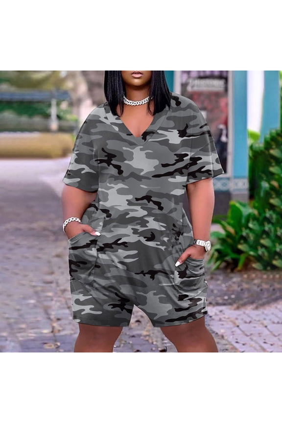 Casual Plus Size Short Jumpsuit for Women Summer Print Short Pants Jumpsuits V Neck Short Sleeve Loose Rompers Playsuit with Pockets