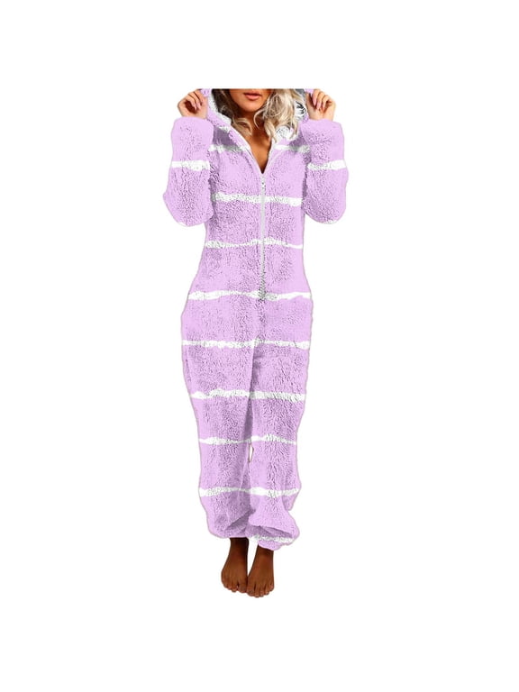 Casual Rompers for Women Striped Printed Zip up Hooded Jumpsuit with Pant Fall Winter Long Sleeve Casual Romper Loungewear for Women S-2XL Purple