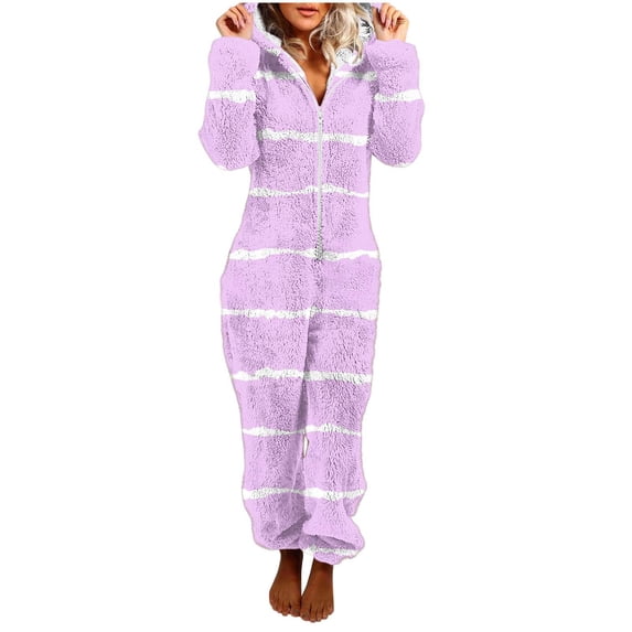 Edvintorg Casual Rompers for Women Striped Printed Zip up Hooded Jumpsuit with Pant Fall Winter Long Sleeve Casual Romper Loungewear for Women S-2XL Purple