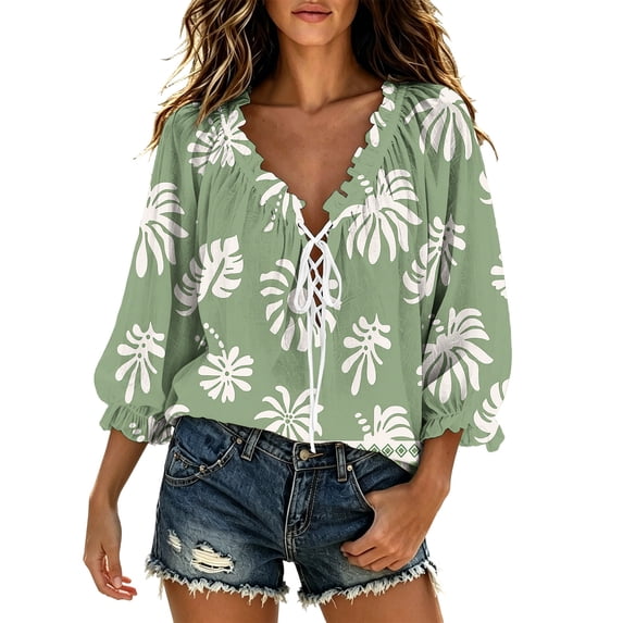 Edvintorg Casual Tops for Women Plus Size Fashion Printed V Neck Loose Blouse 3/4 Length Sleeve Pullover Shirt Womans Clothes Green L