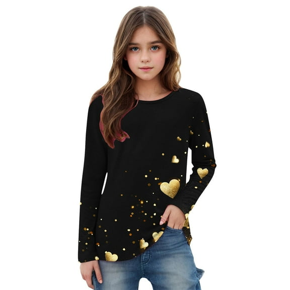 Edvintorg Children Clothes Girl Cute Valentine's Day Heart Printing Long Sleeve Crewneck Dressy Casual Blouses Shirts 3-14 Years Spring Holiday Pullover Tops