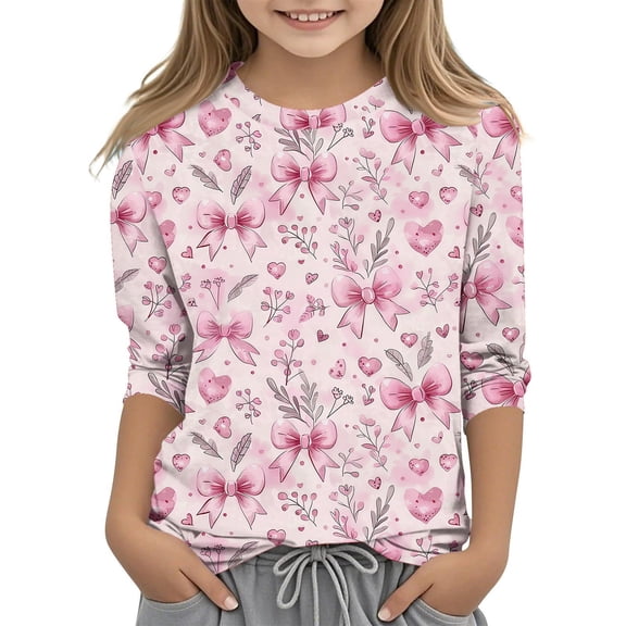 Edvintorg Children's Girls Shirts Fashion Printed 3/4 Sleeve Crewneck Casual Basic Summer Tees Shirts Loose Fit Tunic Tops 3-12 Years