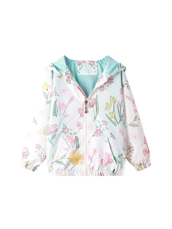 Children's Jackets Girls Fall Winter Cute Cartoons Printed Long Sleeve Casual Windbreaker Hooded Coat for Kids Girl 3-9 Years Outdoor Children's Outerwear with Zipper