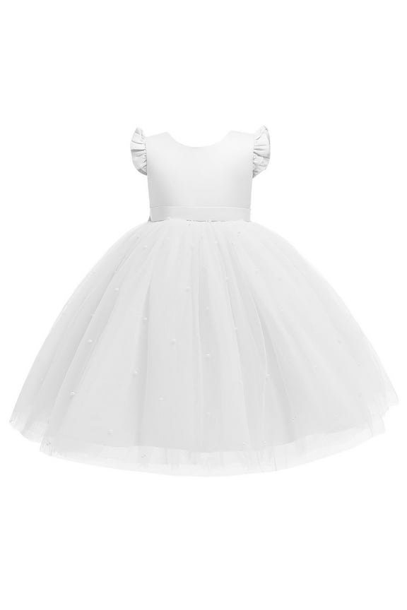 Children's Party Dress Fashion Solid Color Mesh Puffy Dresses Girls' Performance formal Dress with Bowknot 4-10 Years