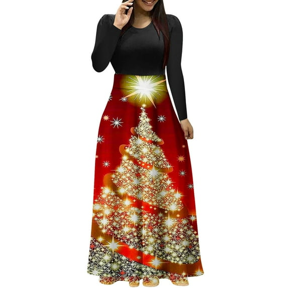 Edvintorg Christmas Dresses For Women Elegant Clearance Women's Colorful Print Crew Neck Long Sleeve Casual Maxi Long Dress Fall Dresses