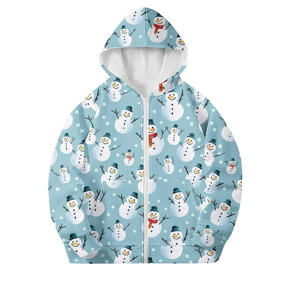 Edvintorg Christmas Kids Jackets Cute Santa Claus Print Long Sleeve Pocket Hooded Sweatshirt with Zipper Winter School Outfits 4-12Y Teenage Children Outerwear