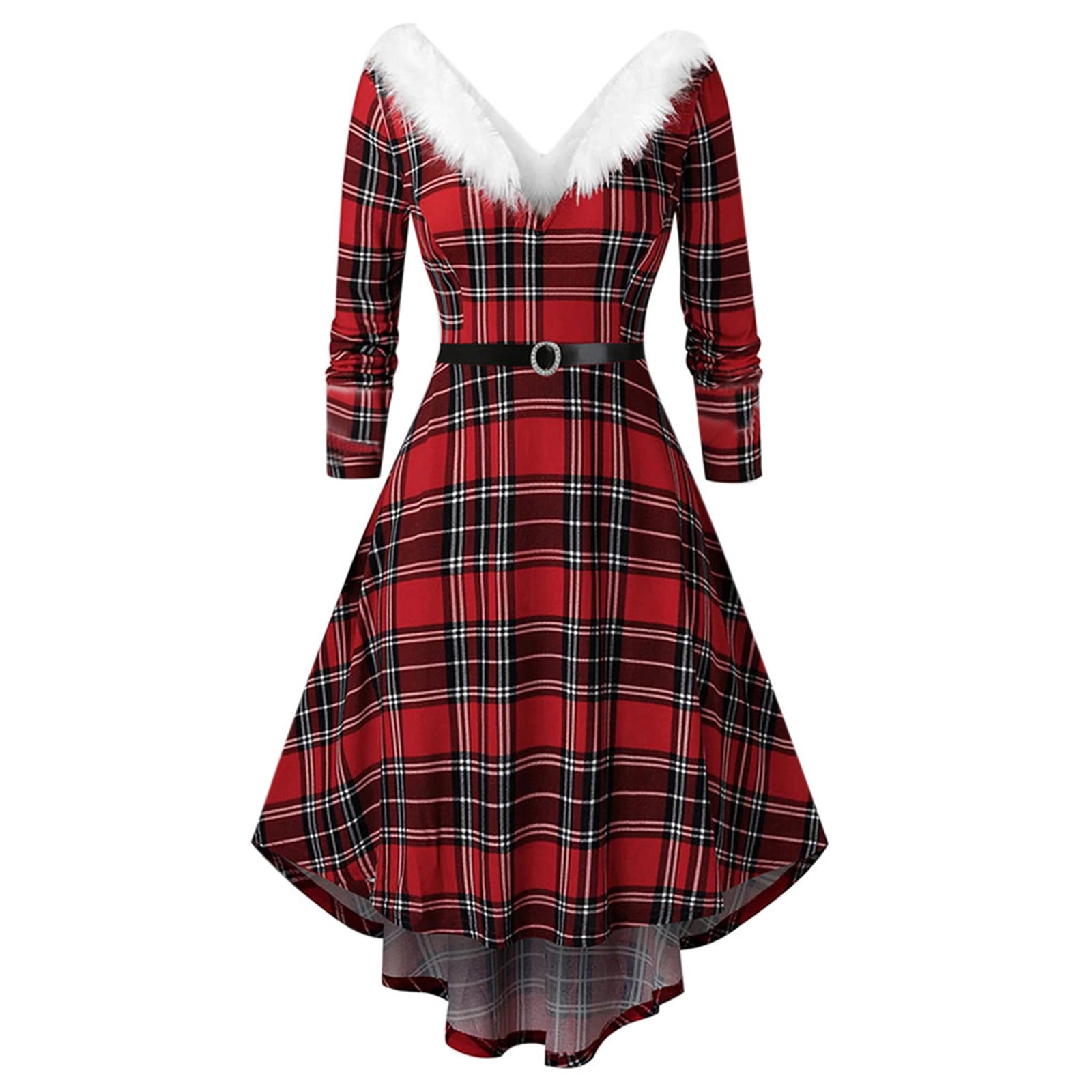 Edvintorg Christmas Plaid Dress Women Vintage Casual Plus Size Fall Winter  Dress Long Sleeve Christmas Furry V-Neck Draw Back Dresses Kerst -  Walmart.com