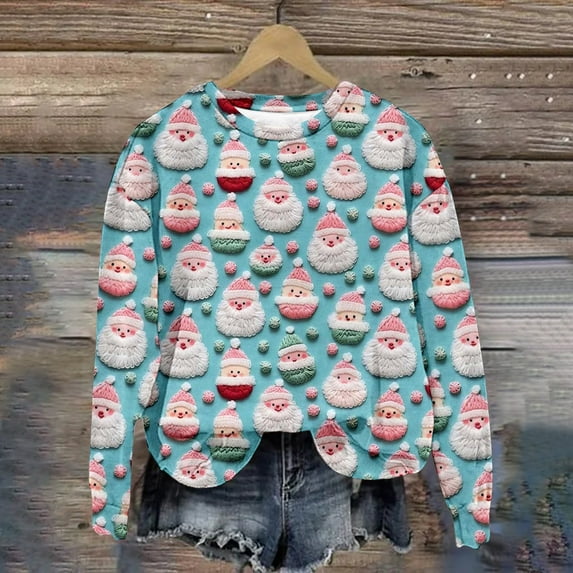 Edvintorg Christmas Sweatshirt Women Trendy Casual Long Sleeve Crewneck Sweatshirt Cute Vacation Christmas Stereoscopic Embroidery Printing Loose Tops