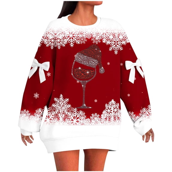 Edvintorg Christmas Sweatshirts for Women Fashion Holiday Style Real Bow Loose Long Sleeve Pullover Top Fall Winter Plus Size Clothing