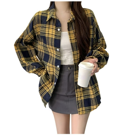 Edvintorg Classic Button Down Shirts for Women Fashion Long Sleeve Casual Lapel Plaid Shirts Jacket Lightweight Outerwear Streetwear Yellow Free Size