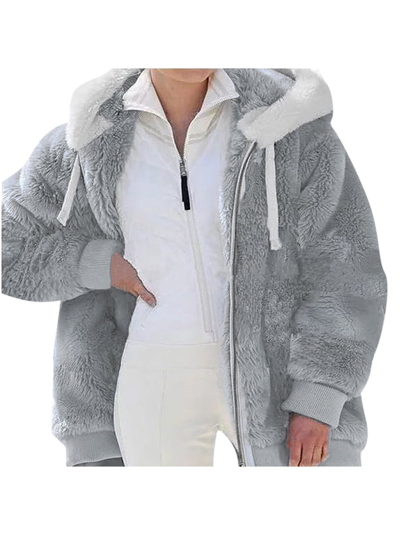 Coats for Women 2025 Casual Plus Size Winter Warm Loose Plush Full Zip Hoodies Jacket Coat Casaco Feminino Gray L