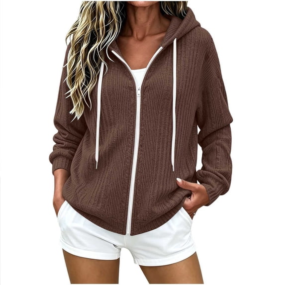 Edvintorg Coats for Women Long Sleeve Loose Casual Jacket Drawstring Zip up Hooded Outerwear Womans Clothes S-2XL Brown