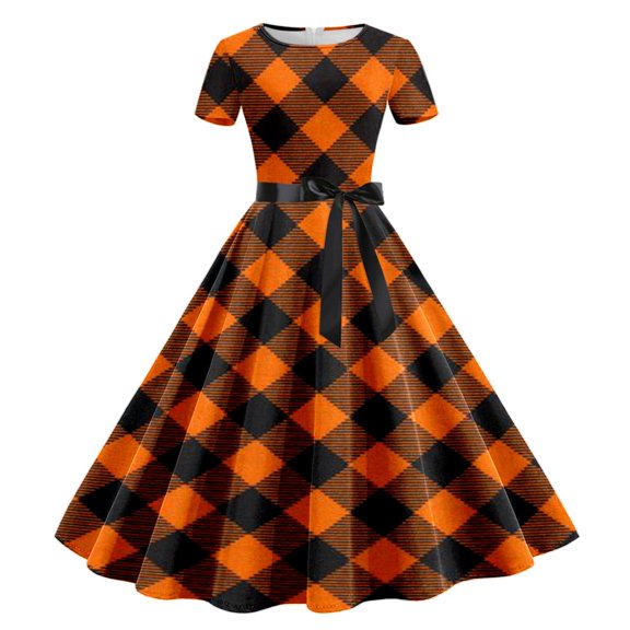 Edvintorg Cocktail Dress for Women 2025 Halloween Cosplay Festivals Women Retro Patchwork Print Casual Swing Dress Evening Party Prom Vintage Dress