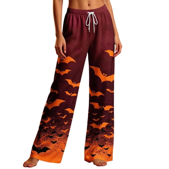Edvintorg Comfy Pants Women Halloween Printed Loose Wide Leg Trouser Elastic Waisted Casual Pant with Drawstring Women Clothing Wine S-2XL
