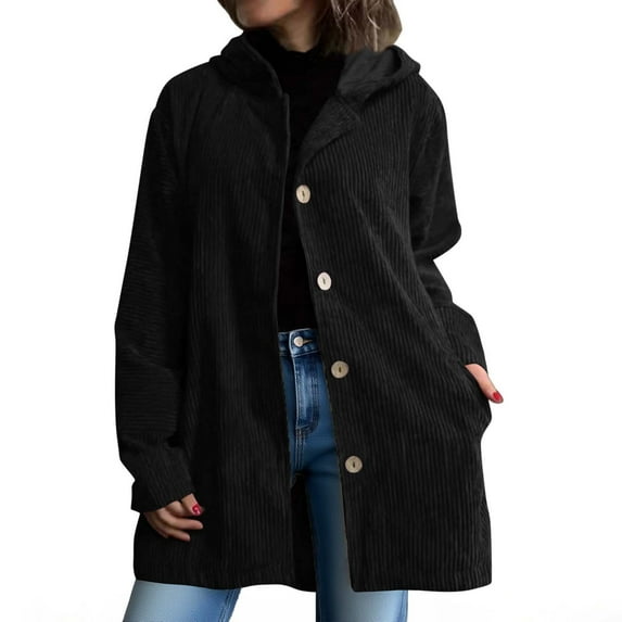 Edvintorg Corduroy Jackets for Women Fashion Solid Color Hooded Loose Casual Long Coat Long Sleeve Button Down Winter Outerwear with Pocket