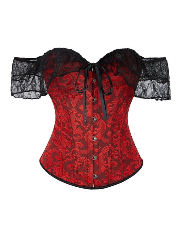 Corset Tops for Women Off Shoulder Lace Sleeve Front Busk Steel Bone Corset Bustier Body Shaper Clothes for Women Red XXL
